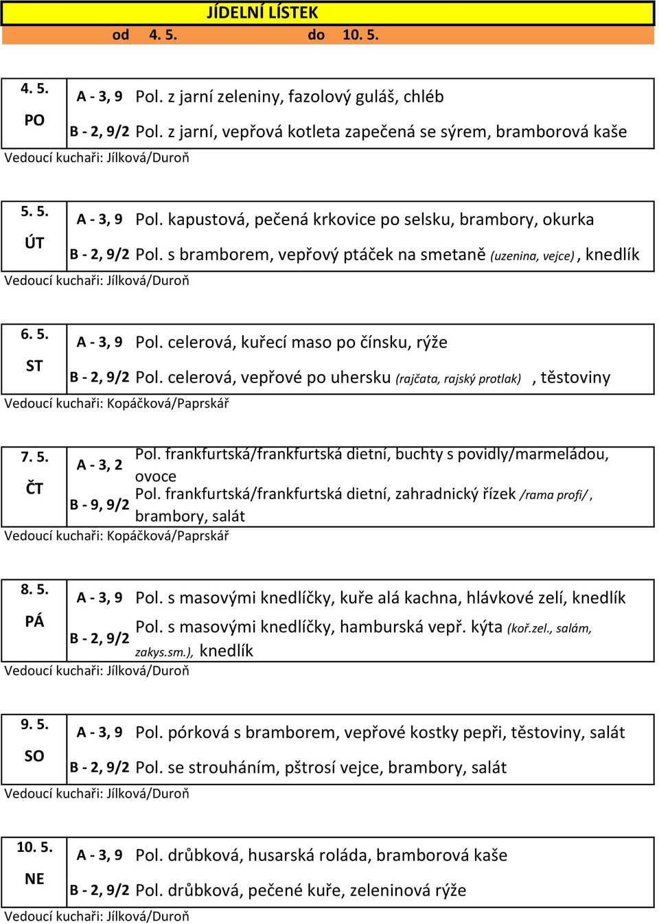 frankfurtská/frankfurtská dietní, zahradnický řízek /rama profi/, B - 9, 9/2, salát 8. 5. zakys.sm.), knedlík Pol. s masovými knedlíčky, kuře alá kachna, hlávkové zelí, knedlík Pol.