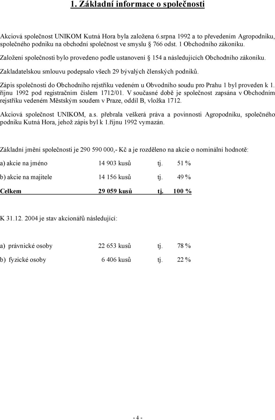 Zápis společnosti do Obchodního rejstříku vedeném u Obvodního soudu pro Prahu 1 byl proveden k 1. říjnu 1992 pod registračním číslem 1712/01.