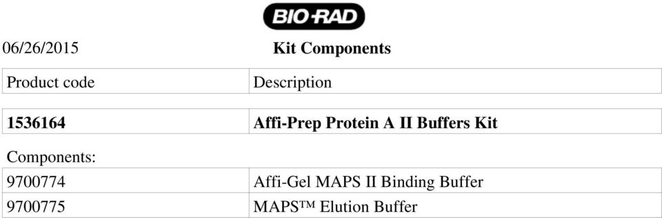 Buffers Kit Components: 9700774 Affi-Gel