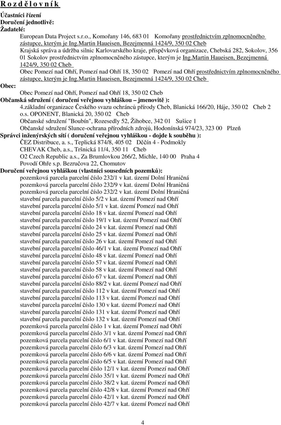 zástupce, kterým je Ing.Martin Haueisen, Bezejmenná 1424/9, 350 02 Cheb Obec Pomezí nad Ohří, Pomezí nad Ohří 18, 350 02 Pomezí nad Ohří prostřednictvím zplnomocněného zástupce, kterým je Ing.