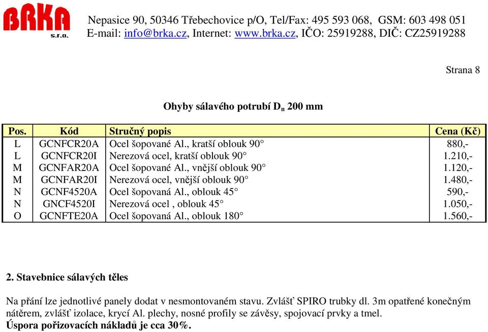 , oblouk 45 590,- N GNCF4520I Nerezová ocel, oblouk 45 1.050,- O GCNFTE20A Ocel šopovaná Al., oblouk 180 1.560,- 2.