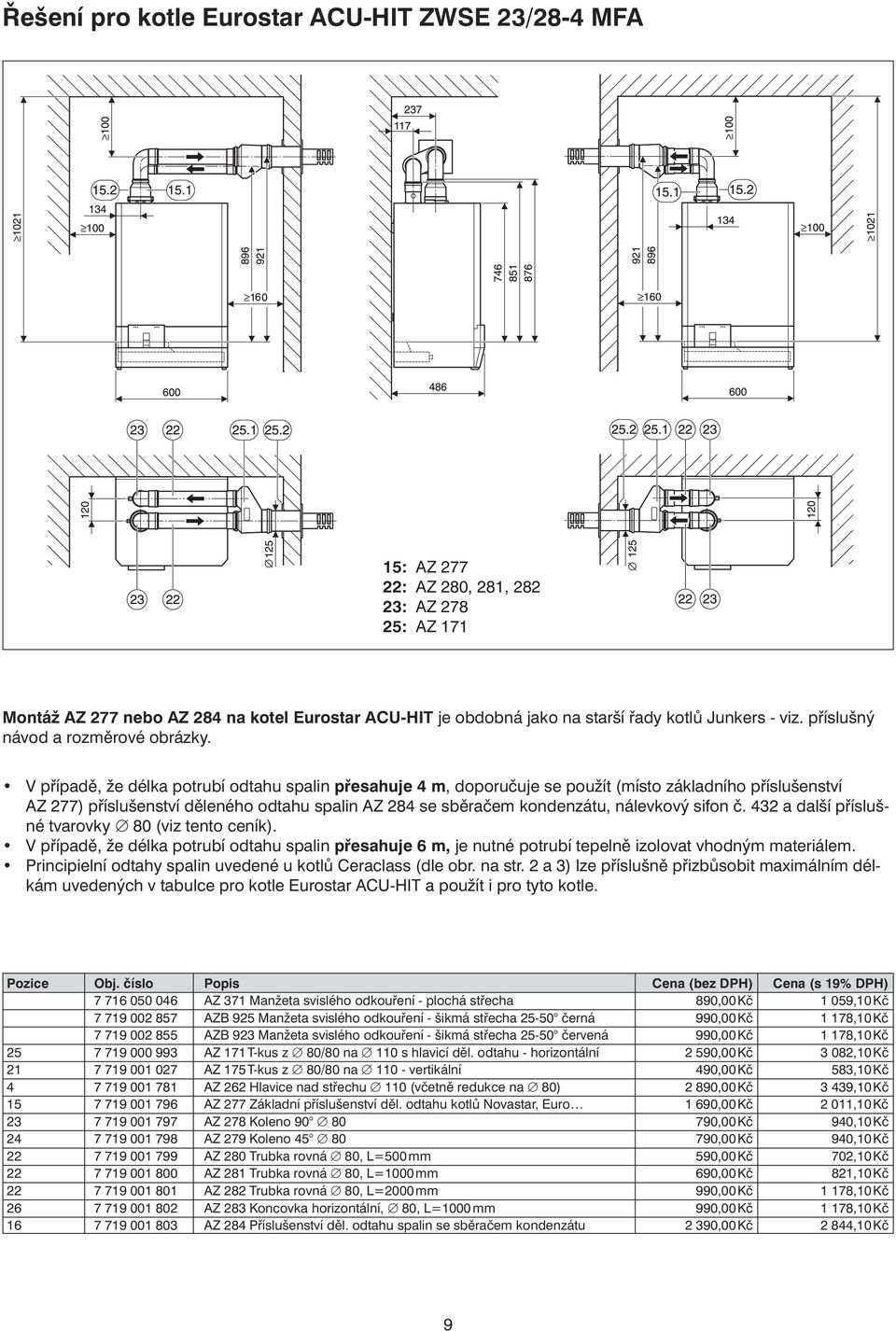V případě, že délka potrubí odtahu spalin přesahuje 4 m, doporučuje se použít (místo základního příslušenství AZ 277) příslušenství děleného odtahu spalin AZ 284 se sběračem kondenzátu, nálevkový
