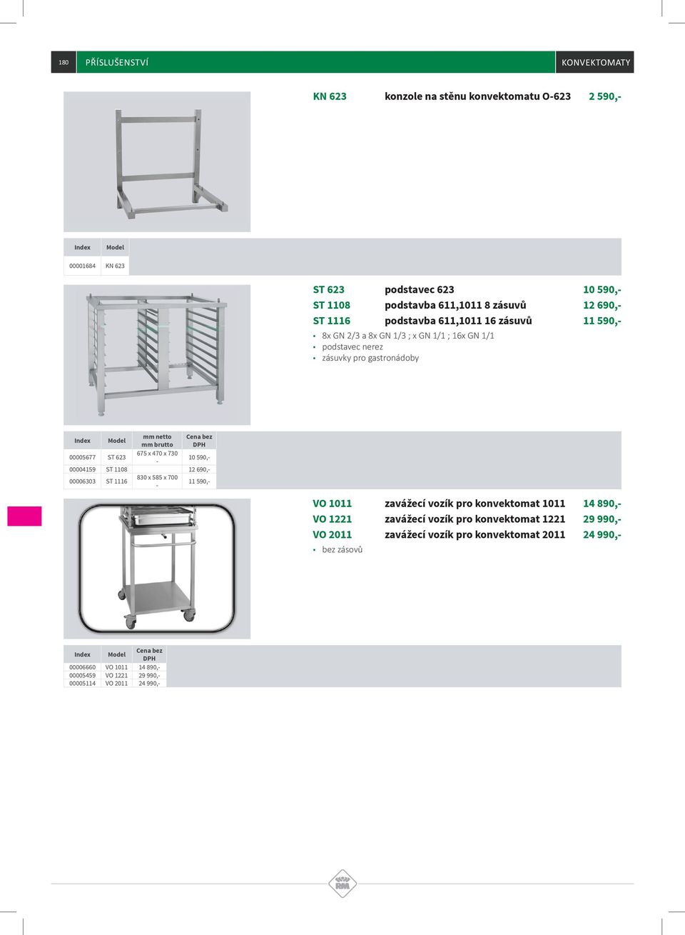 675 x 470 x 730 10 590, 00004159 ST 1108 12 690, 00006303 ST 1116 830 x 585 x 700 11 590, VO 1011 zavážecí vozík pro konvektomat 1011 VO 1221 zavážecí vozík pro