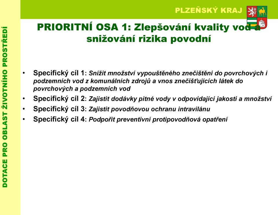 povrchových a podzemních vod Specifický cíl 2: Zajistit dodávky pitné vody v odpovídající jakosti a množství