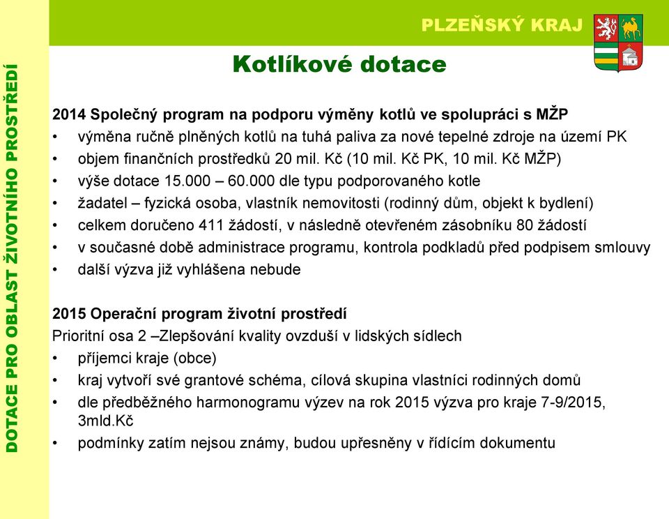 000 dle typu podporovaného kotle žadatel fyzická osoba, vlastník nemovitosti (rodinný dům, objekt k bydlení) celkem doručeno 411 žádostí, v následně otevřeném zásobníku 80 žádostí v současné době