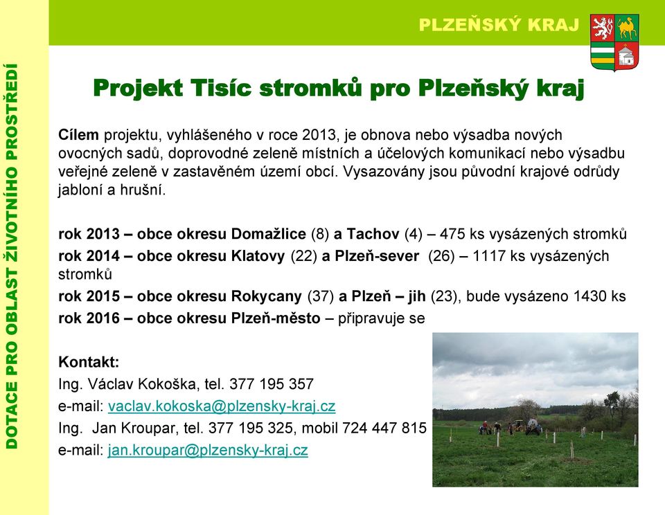 rok 2013 obce okresu Domažlice (8) a Tachov (4) 475 ks vysázených stromků rok 2014 obce okresu Klatovy (22) a Plzeň-sever (26) 1117 ks vysázených stromků rok 2015 obce okresu Rokycany