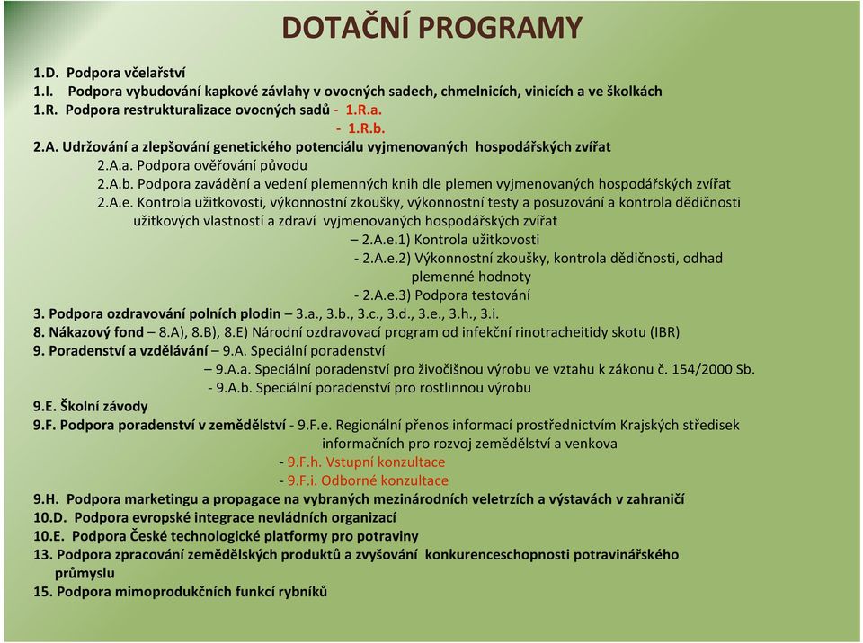 ení plemenných knih dle plemen vyjmenovaných hospodářských zvířat 2.A.e. Kontrola užitkovosti, výkonnostní zkoušky, výkonnostní testy a posuzování a kontrola dědičnosti užitkových vlastností a zdraví vyjmenovaných hospodářských zvířat 2.