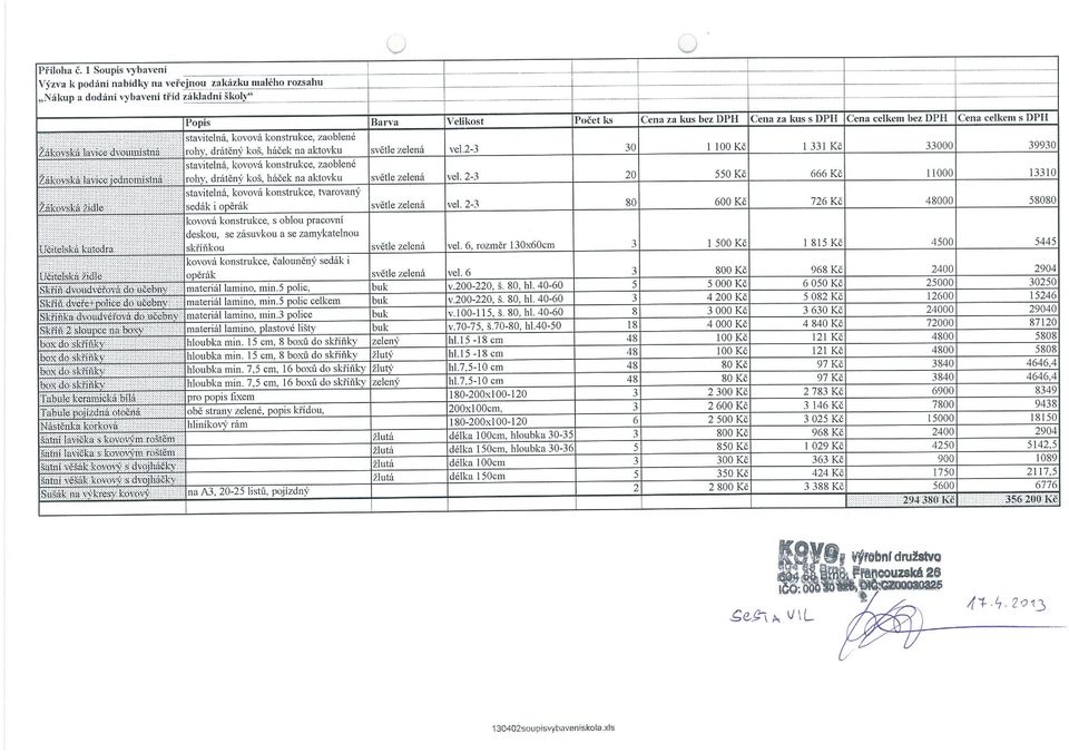 celkem bez DPh Cena celkem s DPH stavitelna kovova konstrukcc zaoblene žakm*invted~oumistiia rohy draleny koš hacek na akto ku svetle zelena vet 23 1100KČ I 331 KČ 33000 39930 stavitelna kovova