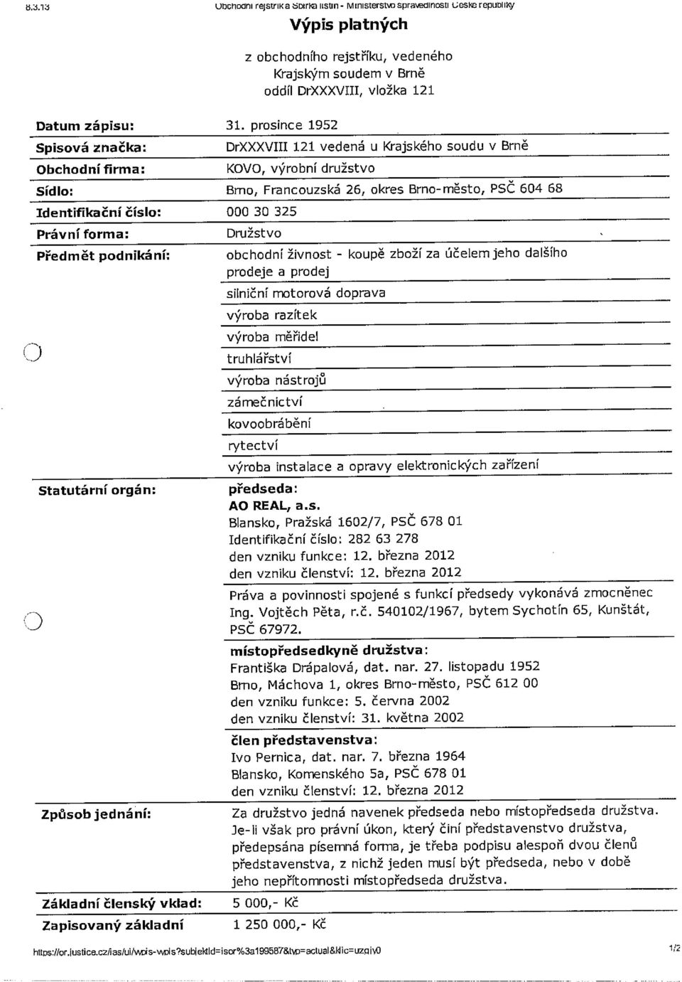 Sídlo: Brno, Francouzská 26, okres Brno-město, PSČ 604 68 Identifikační číslo: 000 30 325 Právní forma: Předmět podnikání: Družstvo obchodní živnost - koupě zboží za účelem jeho dalšího prodeje a