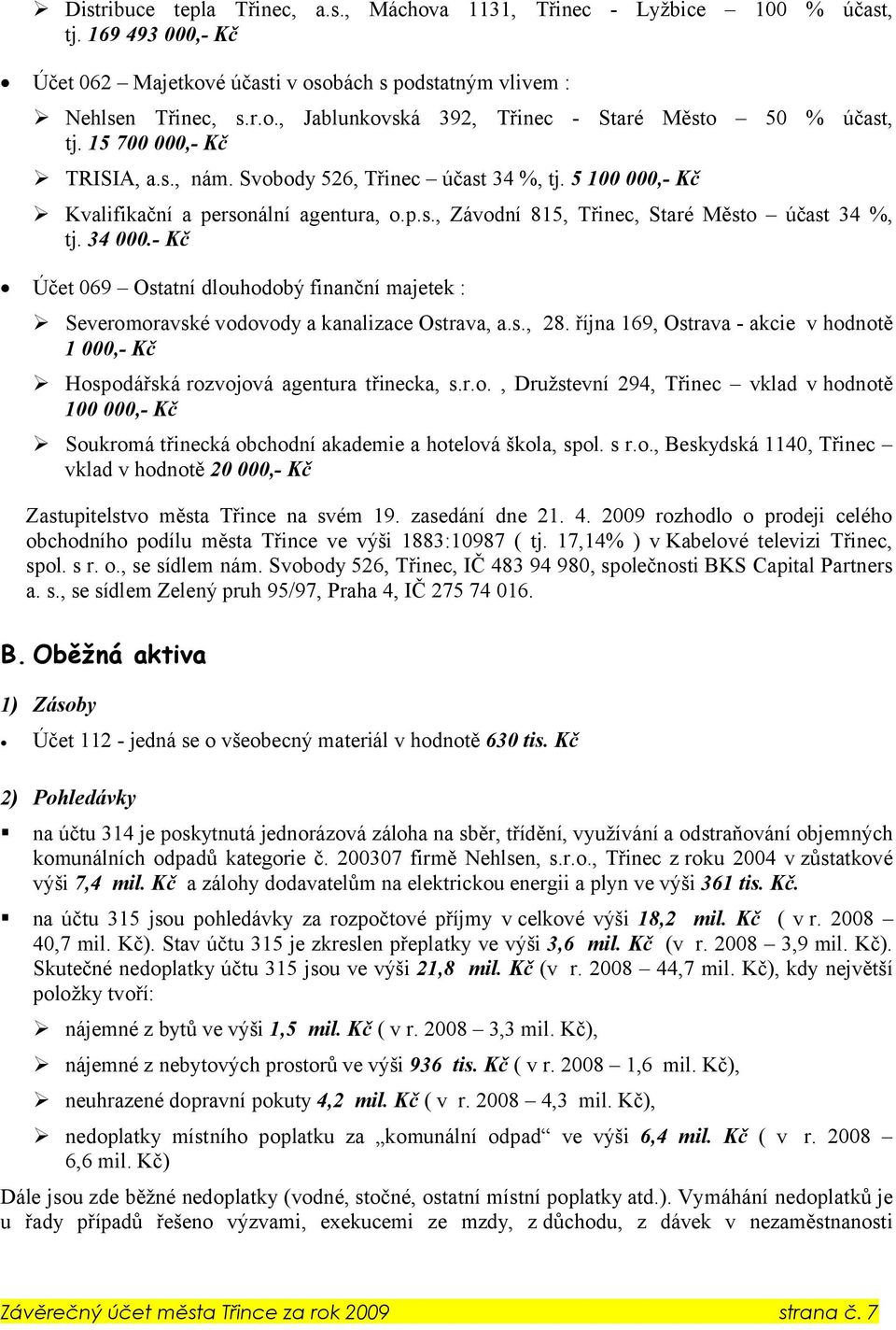 - Kč Účet 069 Ostatní dlouhodobý finanční majetek : Severomoravské vodovody a kanalizace Ostrava, a.s., 28. října 169, Ostrava - akcie v hodnotě 1 000,- Kč Hospodářská rozvojová agentura třinecka, s.