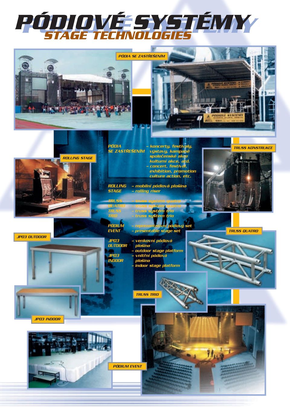 TRUSS KONSTRUKCE ROLLING STAGE mobilní pódiová plošina rolling riser TRUSS QUATRO TRUSS TRIO truss systém quatro truss system quatro truss systém trio truss