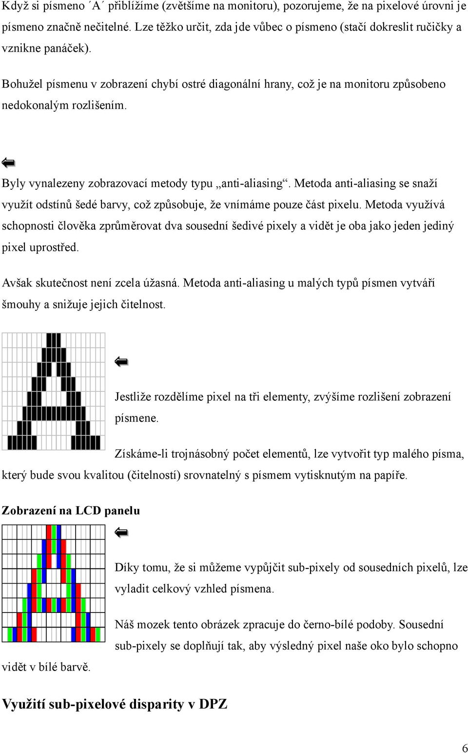 Byly vynalezeny zobrazovací metody typu anti-aliasing. Metoda anti-aliasing se snaží využít odstínů šedé barvy, což způsobuje, že vnímáme pouze část pixelu.