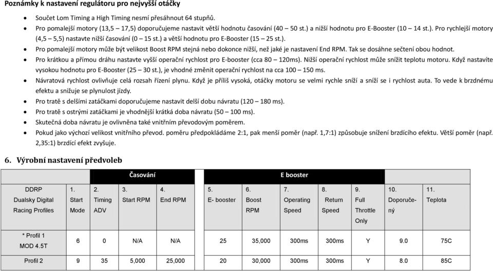 Tak se dosáhne sečtení obou hodnot. Pro krátkou a přímou dráhu nastavte vyšší operační rychlost pro E-booster (cca 80 120ms). Nižší operační rychlost může snížit teplotu motoru.