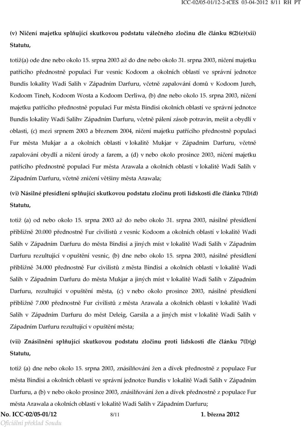 srpna 2003, ničení majetku patřícího přednostně populaci Fur vesnic Kodoom a okolních oblastí ve správní jednotce Bundis lokality Wadi Salih v Západním Darfuru, včetně zapalování domů v Kodoom Jureh,