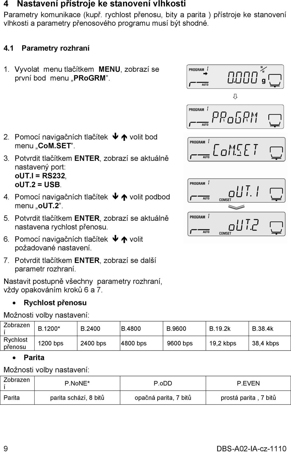 Potvrdit tlačítkem ENTER, zobrazí se aktuálně nastavený port: out.i = RS232, out.2 = USB. 4. Pomocí navigačních tlačítek volit podbod menu out.2. 5.