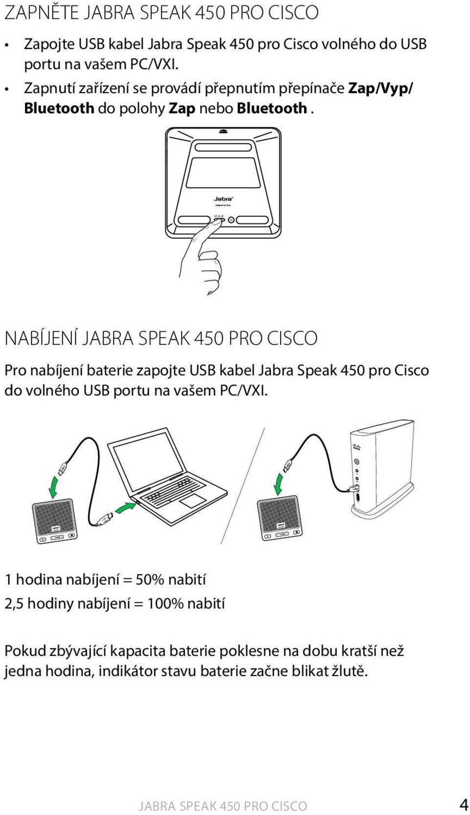 nabíjení Jabra Speak 450 pro Cisco Pro nabíjení baterie zapojte USB kabel Jabra Speak 450 pro Cisco do volného USB portu na