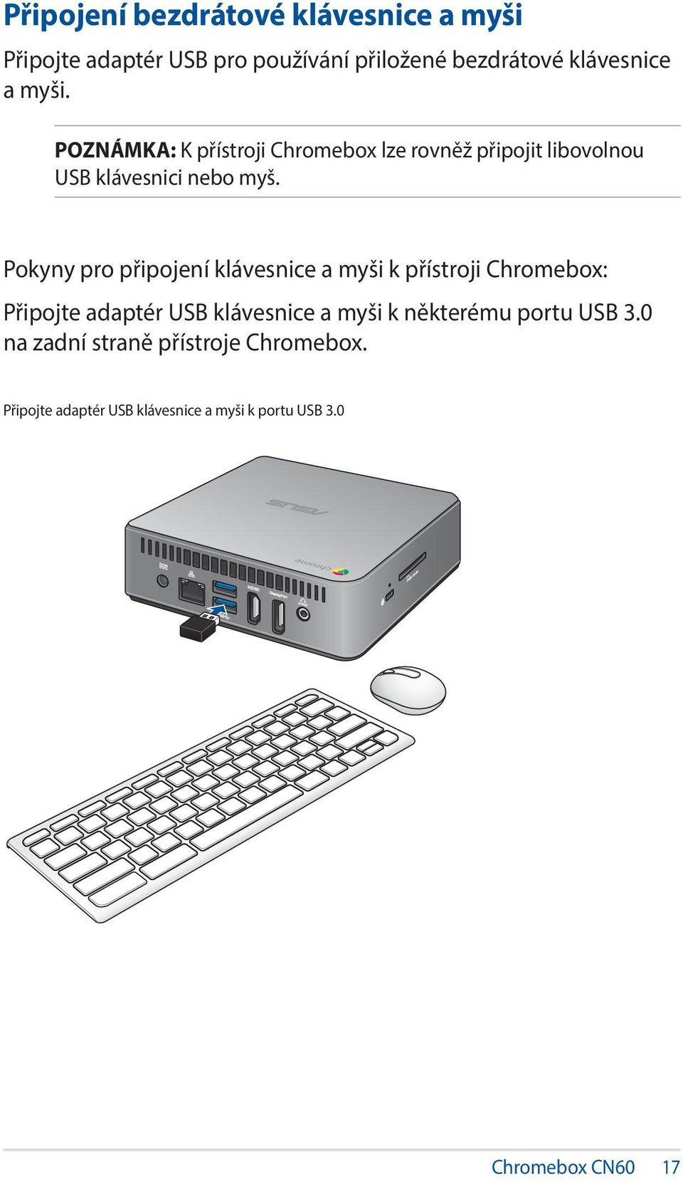 Pokyny pro připojení klávesnice a myši k přístroji Chromebox: Připojte adaptér USB klávesnice a myši k