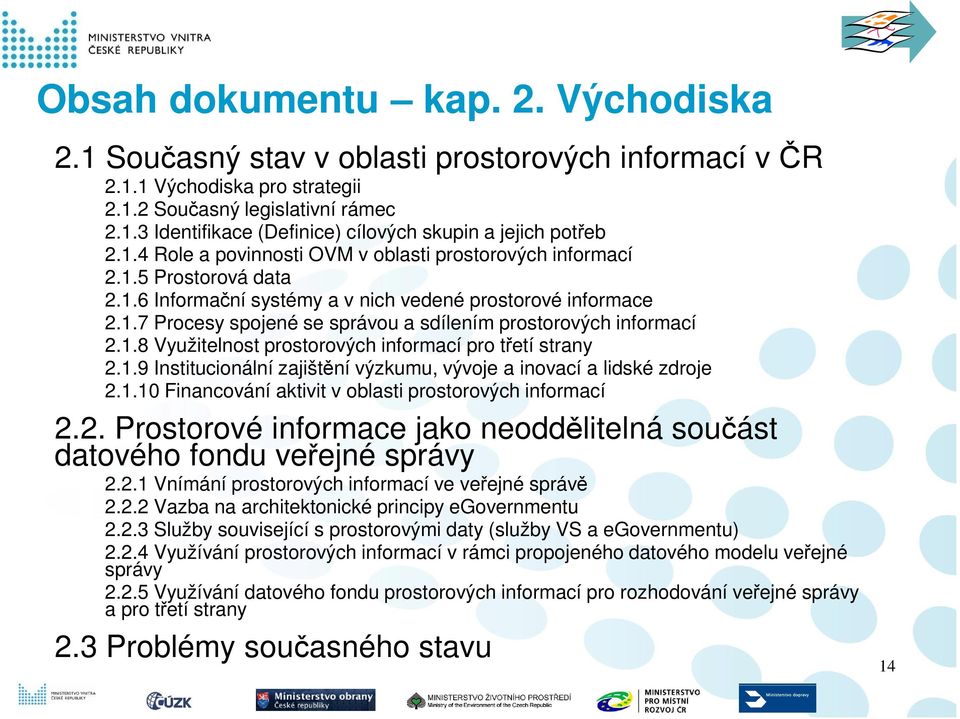 1.8 Využitelnost prostorových informací pro třetí strany 2.1.9 Institucionální zajištění výzkumu, vývoje a inovací a lidské zdroje 2.1.10 Financování aktivit v oblasti prostorových informací 2.2. Prostorové informace jako neoddělitelná součást datového fondu veřejné správy 2.