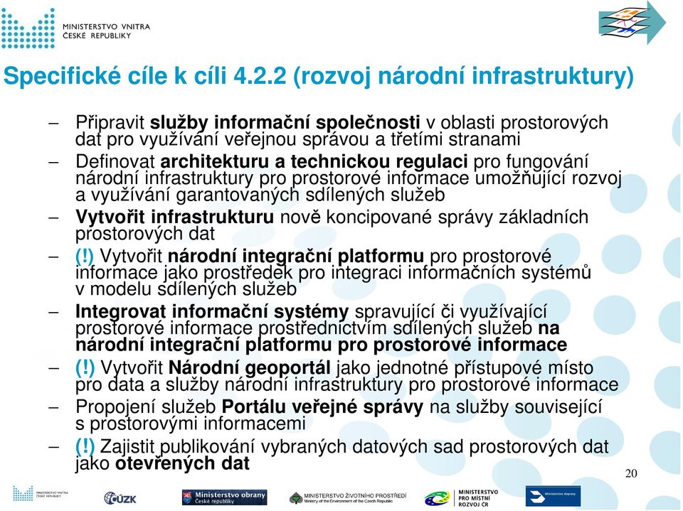 fungování národní infrastruktury pro prostorové informace umožňující rozvoj a využívání garantovaných sdílených služeb Vytvořit infrastrukturu nově koncipované správy základních prostorových dat (!