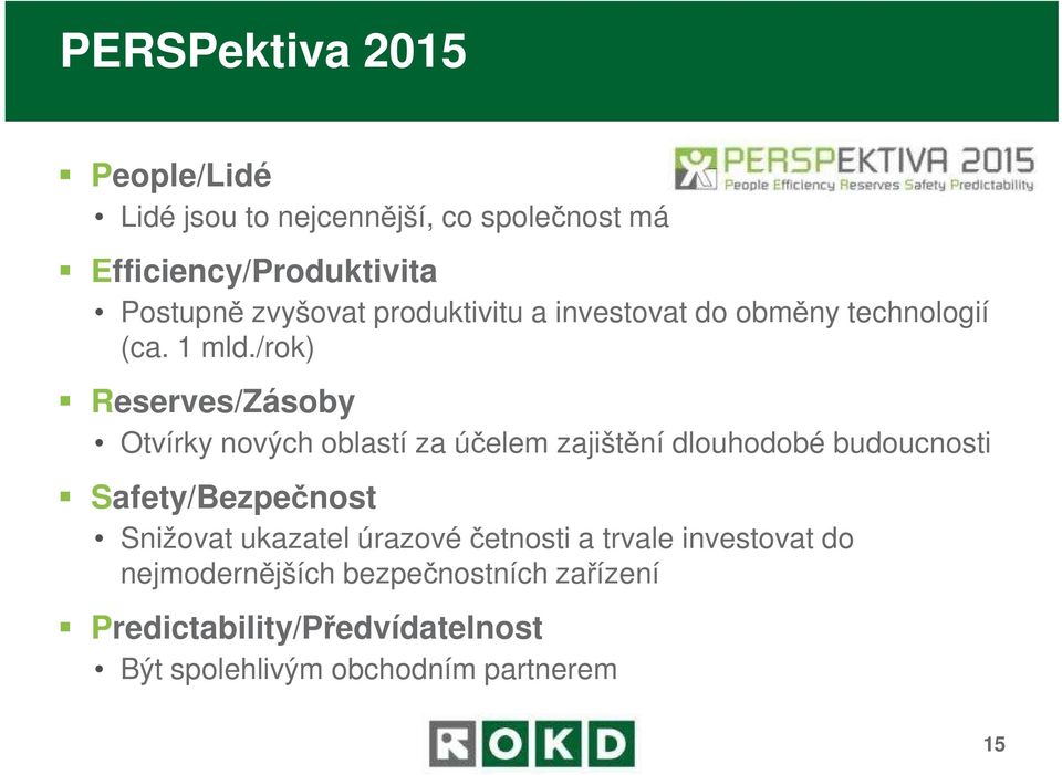 /rok) Reserves/Zásoby Otvírky nových oblastí za účelem zajištění dlouhodobé budoucnosti Safety/Bezpečnost