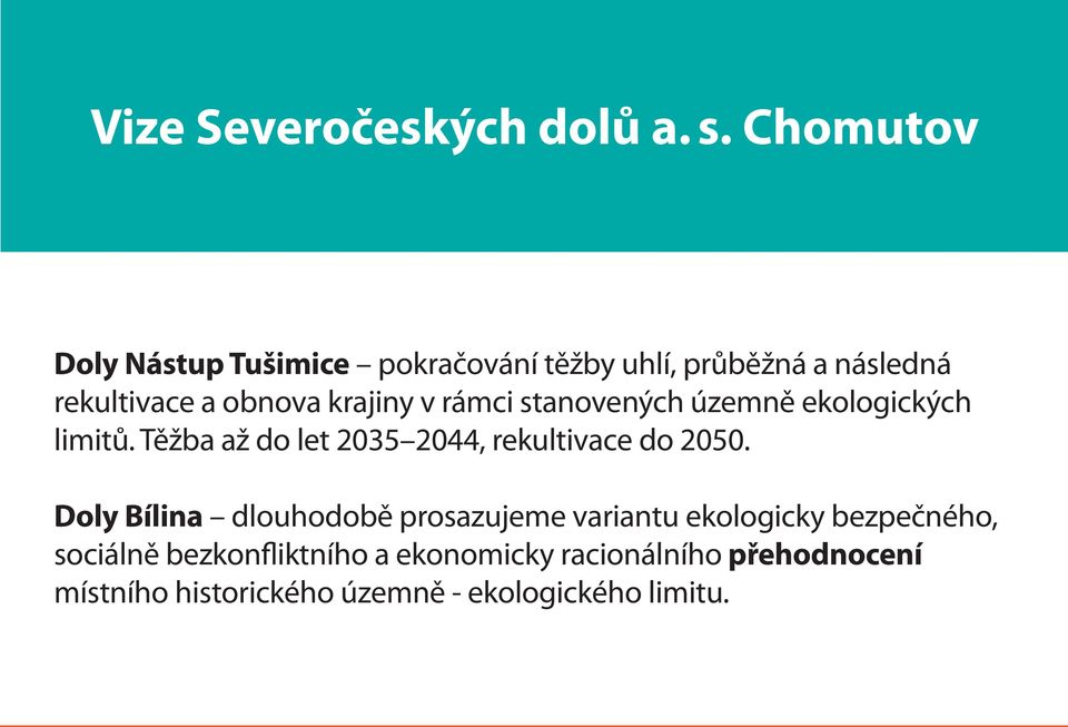 v rámci stanovených územně ekologických limitů. Těžba až do let 2035 2044, rekultivace do 2050.