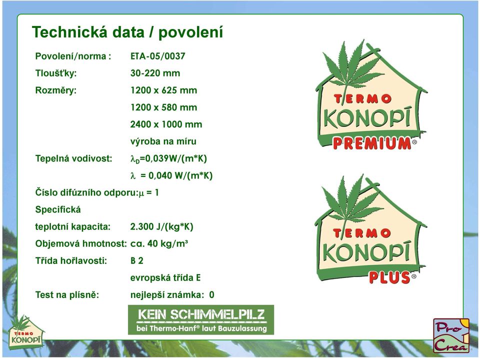 0,040 W/(m*K) Číslo difúzního odporu:µ = 1 Specifická teplotní kapacita: 2.