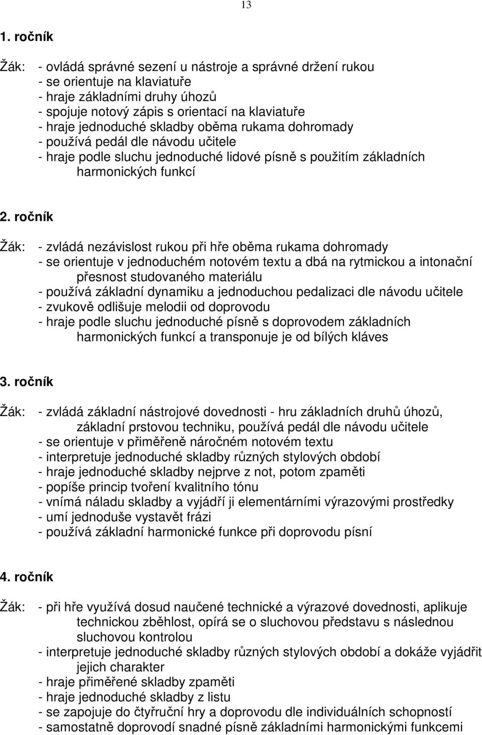 ročník Žák: - zvládá nezávislost rukou při hře oběma rukama dohromady - se orientuje v jednoduchém notovém textu a dbá na rytmickou a intonační přesnost studovaného materiálu - používá základní