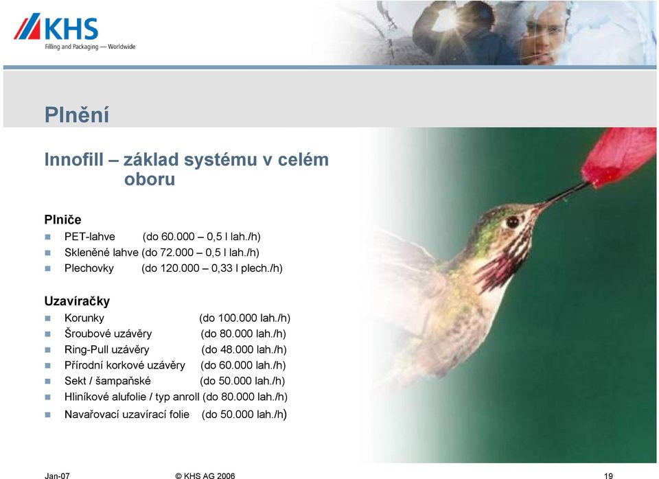 /h) Šroubové uzávěry (do 80.000 lah./h) Ring-Pull uzávěry (do 48.000 lah./h) Přírodní korkové uzávěry (do 60.000 lah./h) Sekt / šampaňské (do 50.