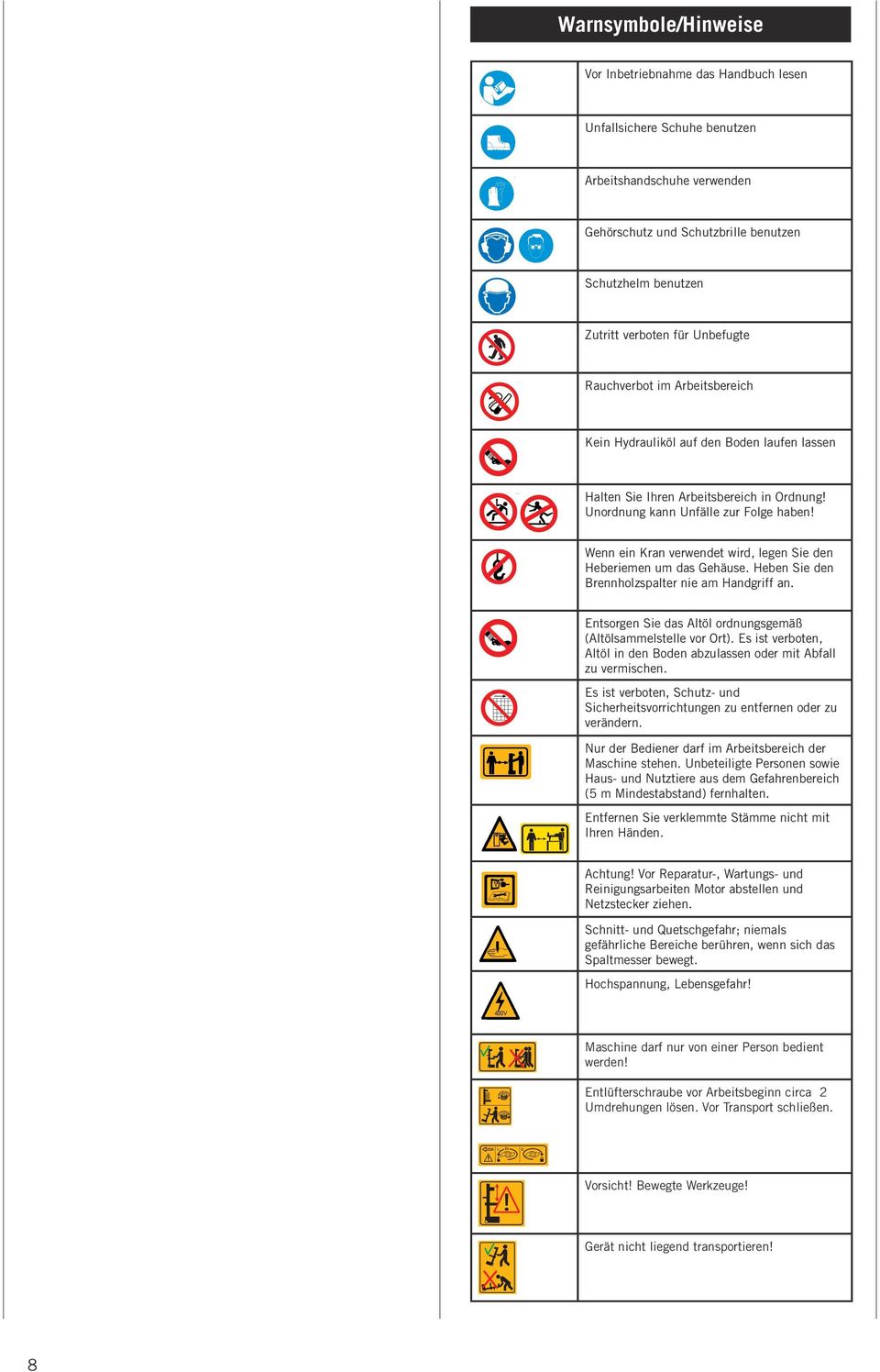 Wenn ein Kran verwendet wird, legen Sie den Heberiemen um das Gehäuse. Heben Sie den Brennholzspalter nie am Handgriff an. Entsorgen Sie das Altöl ordnungsgemäß (Altölsammel stelle vor Ort).