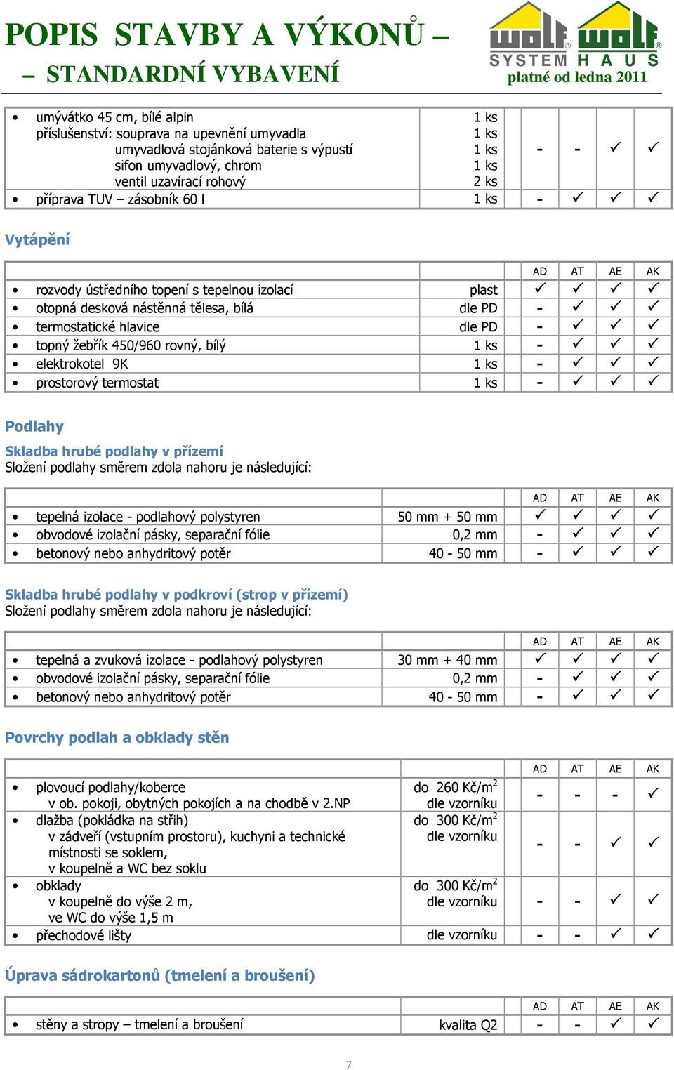 Podlahy Skladba hrubé podlahy v přízemí Složení podlahy směrem zdola nahoru je následující: tepelná izolace - podlahový polystyren 50 mm + 50 mm obvodové izolační pásky, separační fólie 0,2 mm