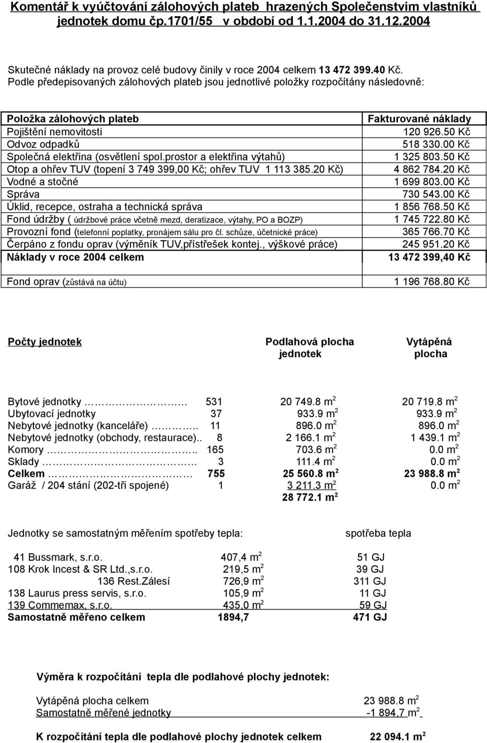 Podle předepisovaných zálohových plateb jsou jednotlivé položky rozpočítány následovně: Položka zálohových plateb Fakturované náklady Pojištění nemovitosti 120 926.50 Kč Odvoz odpadků 518 330.