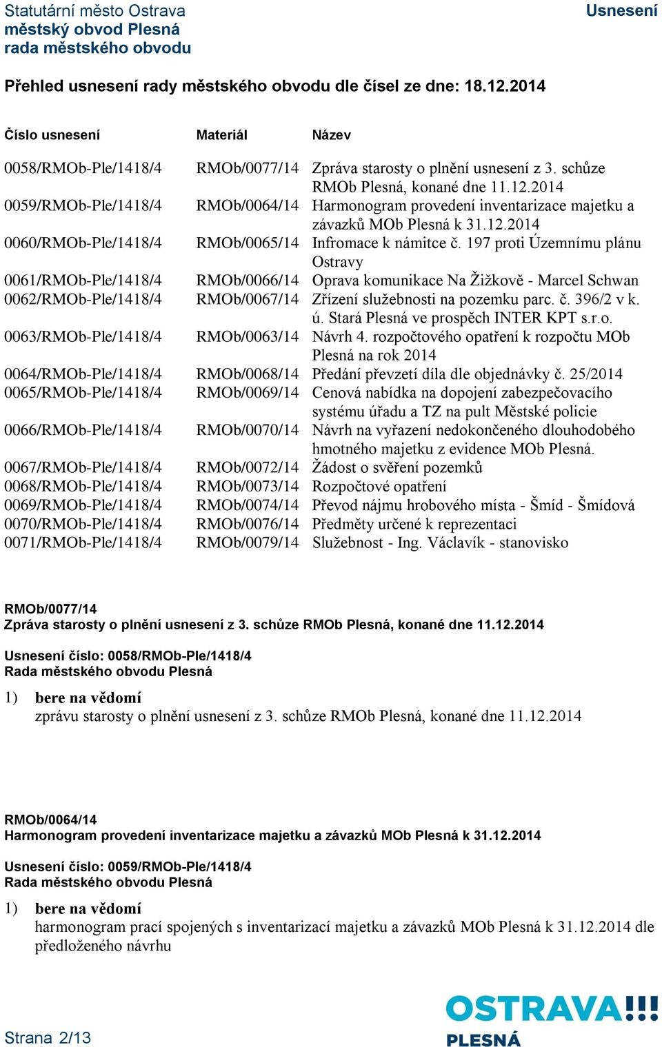 197 proti Územnímu plánu Ostravy 0061/RMOb-Ple/1418/4 RMOb/0066/14 Oprava komunikace Na Žižkově - Marcel Schwan 0062/RMOb-Ple/1418/4 RMOb/0067/14 Zřízení služebnosti na pozemku parc. č. 396/2 v k. ú.