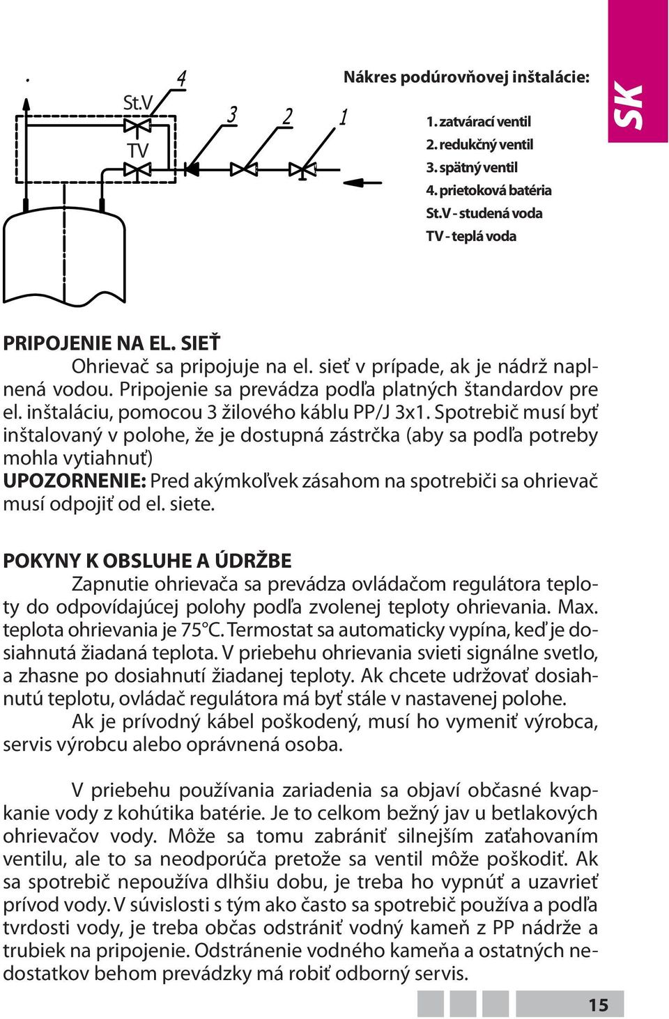 Spotrebič musí byť inštalovaný v polohe, že je dostupná zástrčka (aby sa podľa potreby mohla vytiahnuť) UPOZORNENIE: Pred akýmkoľvek zásahom na spotrebiči sa ohrievač musí odpojiť od el. siete.
