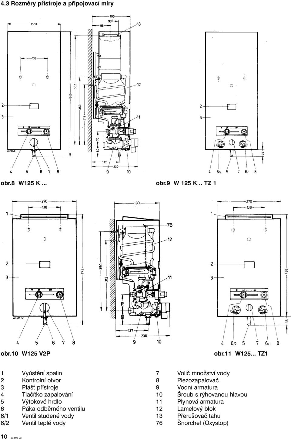 odběrného ventilu 6/1 Ventil studené vody 6/2 Ventil teplé vody 7 Volič množství vody 8 Piezozapalovač 9 Vodní