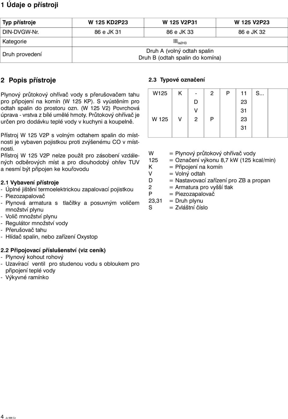 připojení na komín (W 125 KP). S vyústěním pro odtah spalin do prostoru ozn. (W 125 V2) Povrchová úprava - vrstva z bílé umělé hmoty.