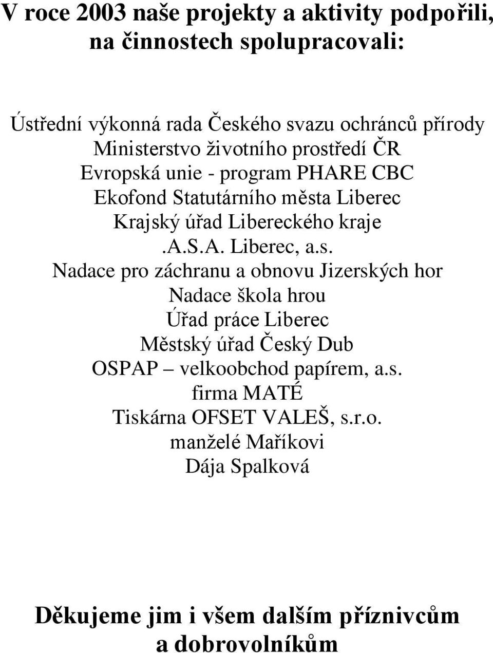 a.s.a. Liberec, a.s. Nadace pro záchranu a obnovu Jizerských hor Nadace škola hrou Úřad práce Liberec Městský úřad Český Dub OSPAP