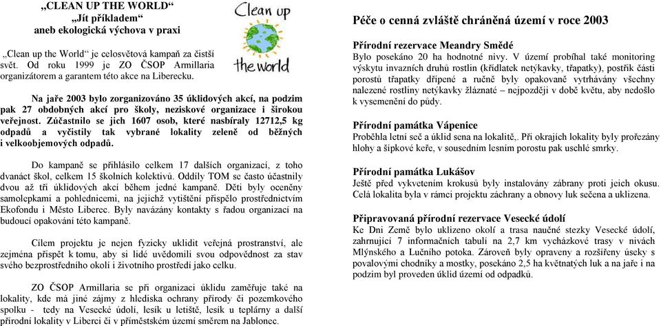 Na jaře 2003 bylo zorganizováno 35 úklidových akcí, na podzim pak 27 obdobných akcí pro školy, neziskové organizace i širokou veřejnost.