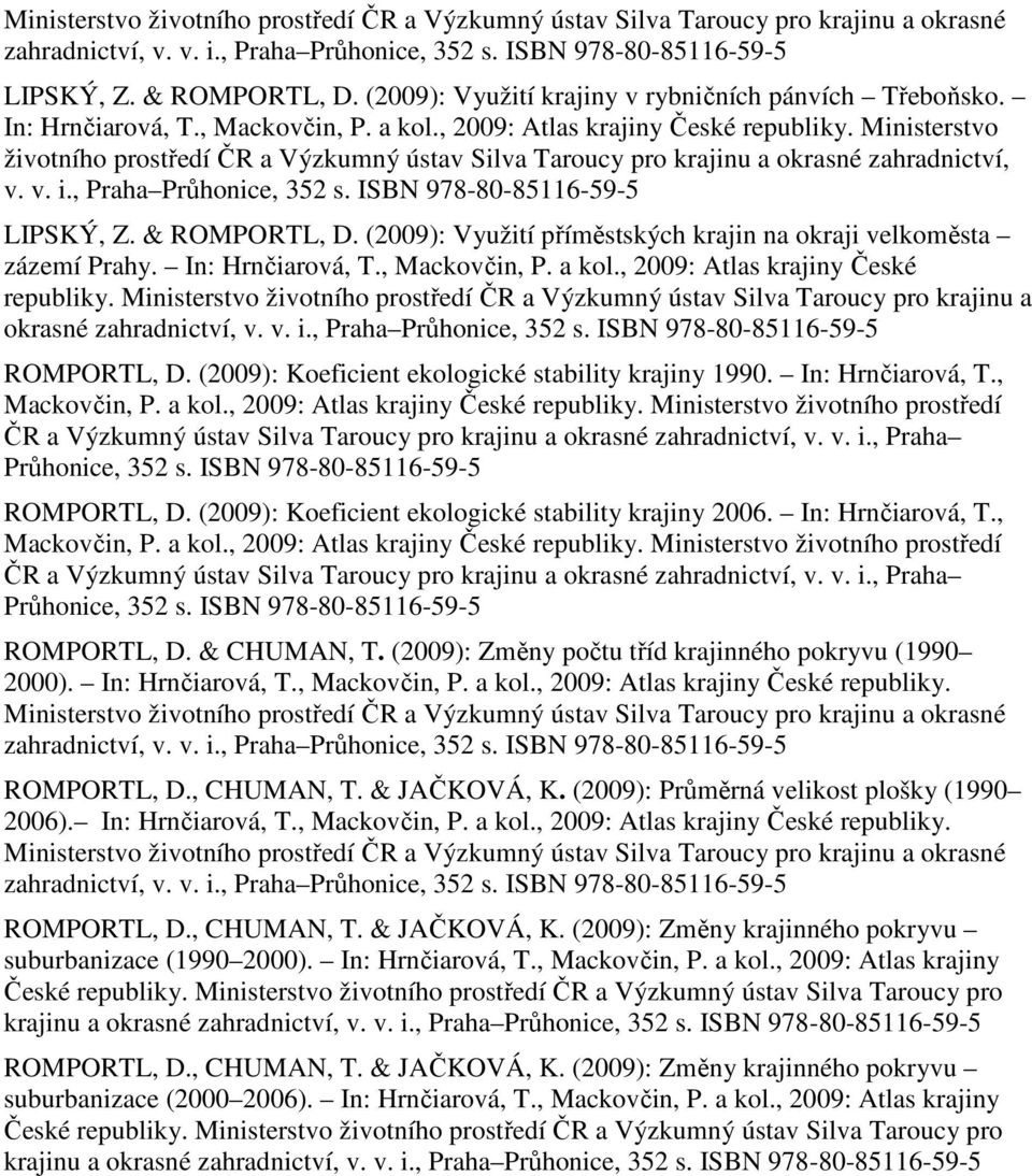 (2009): Využití příměstských krajin na okraji velkoměsta zázemí Prahy. In: Hrnčiarová, T., Mackovčin, P. a kol., 2009: Atlas krajiny České republiky.