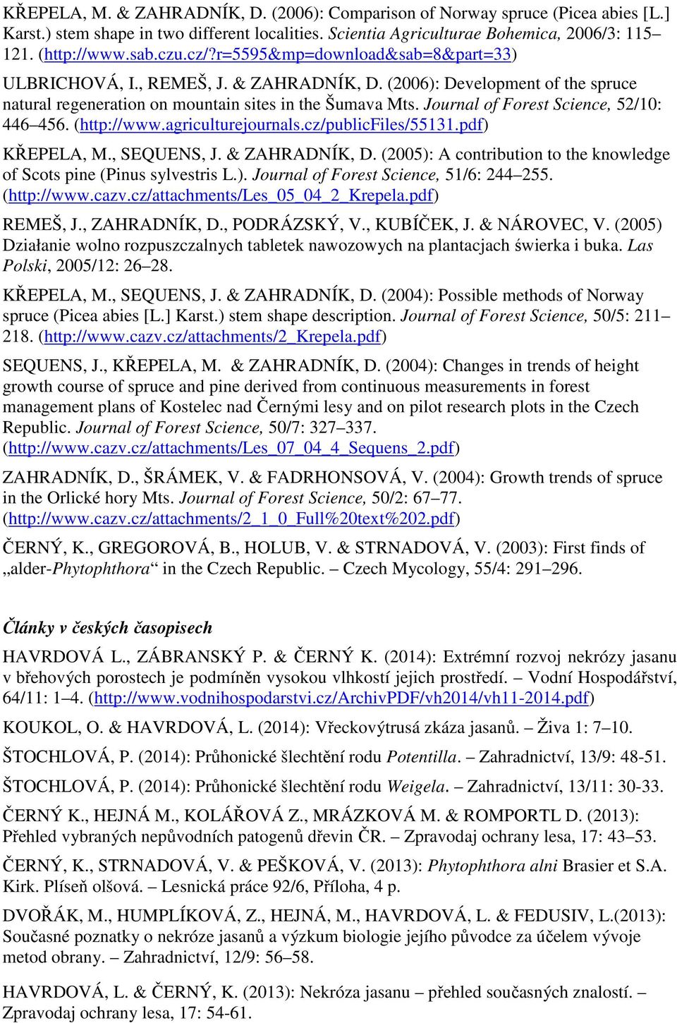 Journal of Forest Science, 52/10: 446 456. (http://www.agriculturejournals.cz/publicfiles/55131.pdf) KŘEPELA, M., SEQUENS, J. & ZAHRADNÍK, D.
