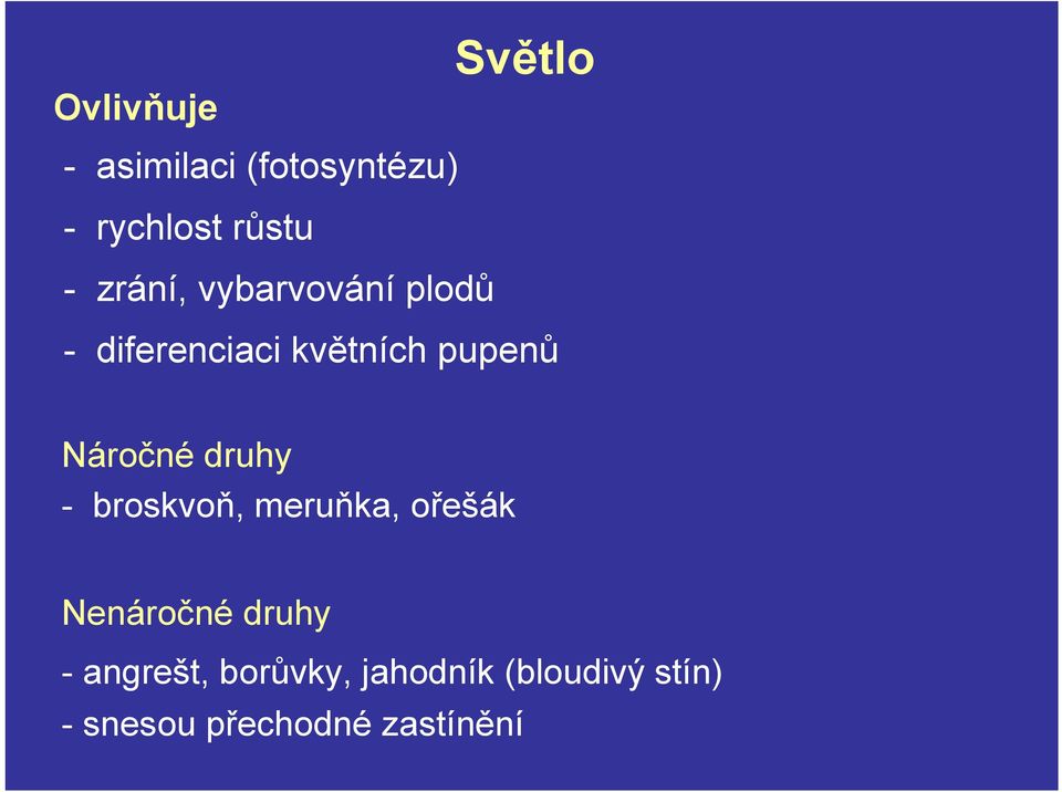 Náročné druhy - broskvoň, meruňka, ořešák Nenáročné druhy -