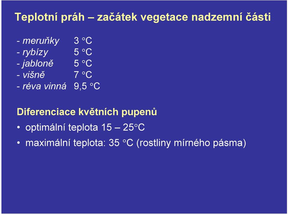 9,5 C Diferenciace květních pupenů optimální teplota 15