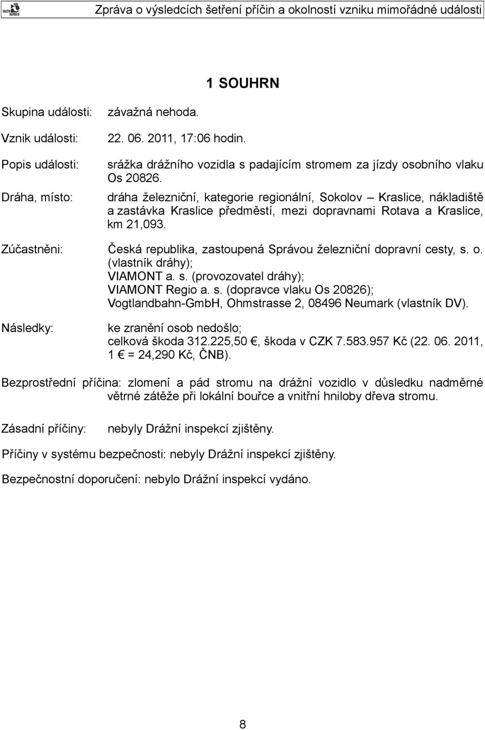 Zúčastněni: Česká republika, zastoupená Správou železniční dopravní cesty, s. o. (vlastník dráhy); VIAMONT a. s. (provozovatel dráhy); VIAMONT Regio a. s. (dopravce vlaku Os 20826); Vogtlandbahn-GmbH, Ohmstrasse 2, 08496 Neumark (vlastník DV).