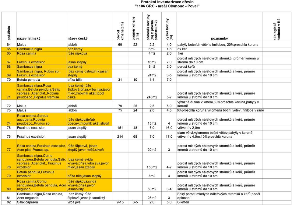 , bez černý,ostružiník,jasan 69 Fraxinus excelsior ztepilý 24m2 3-5 70 Betula pendula bříza bílá 31 10 1,4 7,0 canina,betula pendula,salix šípková,bříza,vrba jíva,javor capraea, Acer plat.