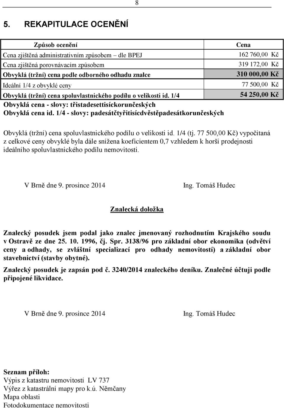 1/4 - slovy: padesátčtyřitisícdvěstěpadesátkorunčeských Cena 162 760,00 Kč 319 172,00 Kč 310 000,00 Kč 77 500,00 Kč 54 250,00 Kč Obvyklá (tržní) cena spoluvlastnického podílu o velikosti id. 1/4 (tj.