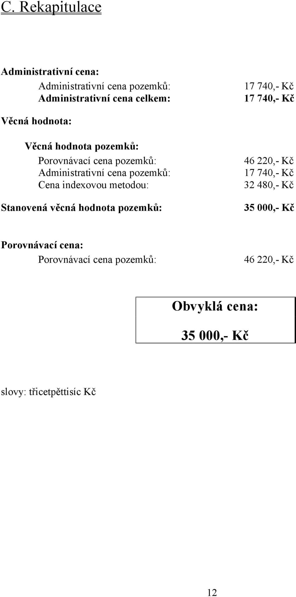 pozemků: Cena indexovou metodou: Stanovená věcná hodnota pozemků: 46 220,- Kč 17 740,- Kč 32 480,- Kč 35