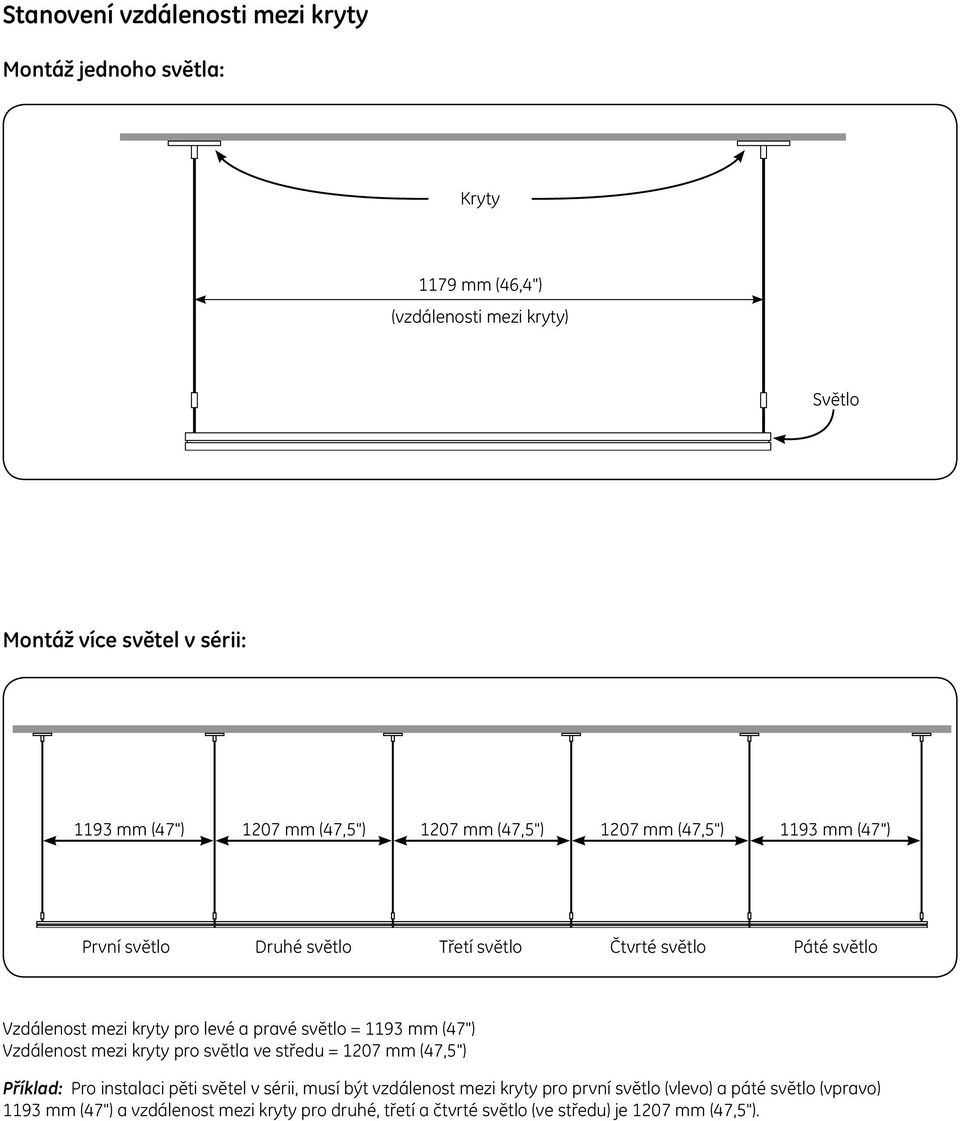 pravé světlo = 1193 mm (47") Vzdálenost mezi kryty pro světla ve středu = Příklad: Pro instalaci pěti světel v sérii, musí být