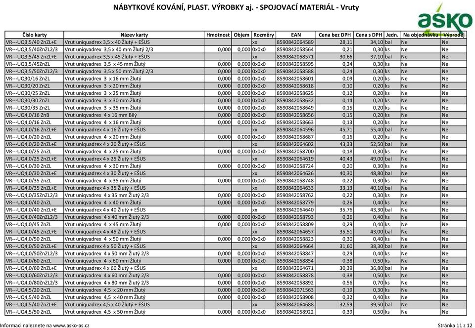 0,30 ks Ne Ne VR---UQ3,5/50ZnZL2/3 Vrut uniqvadrex 3,5 x 50 mm Žlutý 2/3 0,000 0,000 0x0x0 8590842058588 0,24 0,30 ks Ne Ne VR---UQ30/16 ZnZL Vrut uniqvadrex 3 x 16 mm Žlutý 0,000 0,000 0x0x0