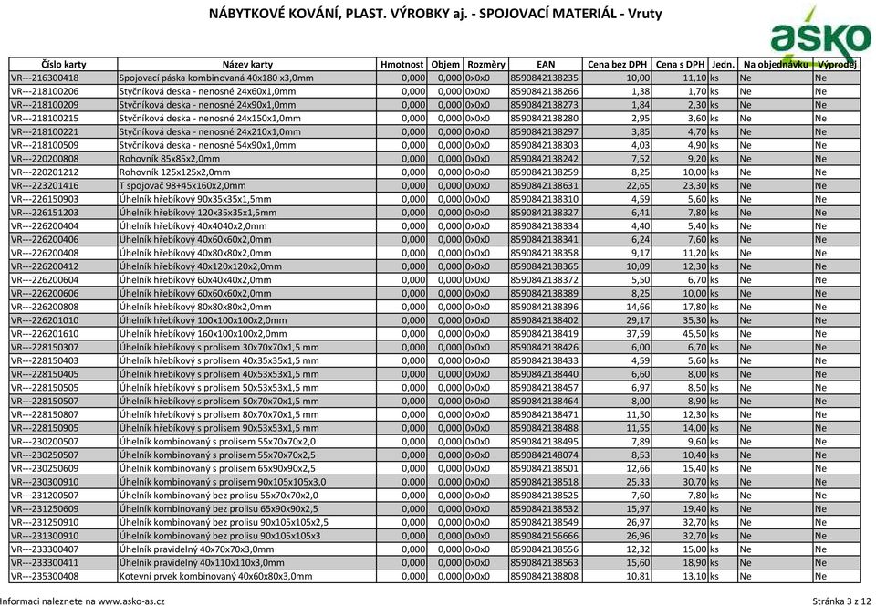 8590842138280 2,95 3,60 ks Ne Ne VR---218100221 Styčníková deska - nenosné 24x210x1,0mm 0,000 0,000 0x0x0 8590842138297 3,85 4,70 ks Ne Ne VR---218100509 Styčníková deska - nenosné 54x90x1,0mm 0,000