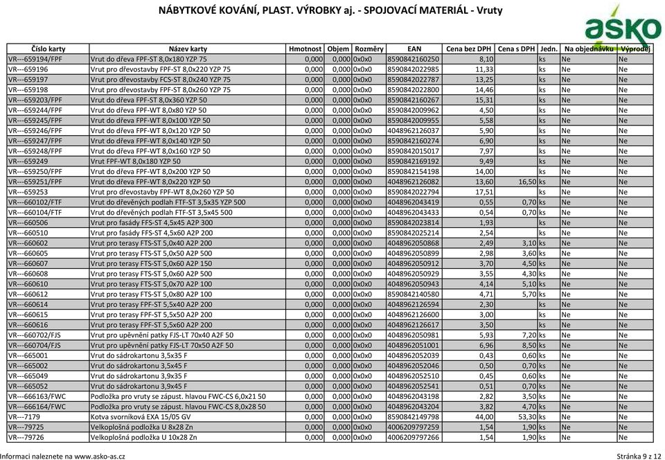 Ne Ne VR---659203/FPF Vrut do dřeva FPF-ST 8,0x360 YZP 50 0,000 0,000 0x0x0 8590842160267 15,31 ks Ne Ne VR---659244/FPF Vrut do dřeva FPF-WT 8,0x80 YZP 50 0,000 0,000 0x0x0 8590842009962 4,50 ks Ne