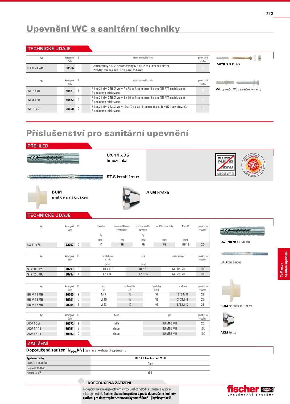 pozinkované, 2 podložky pozinkované 2 hmoždinky S 2, 2 vruty 0 x 70 se šestihrannou hlavou DIN 57 pozinkované, 2 podložky pozinkované WL upevnění WC a sanitární techniky Příslušenství pro sanitární